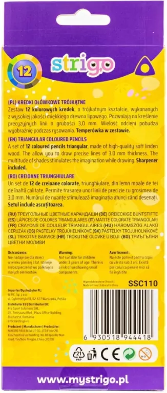 Strigo. Kredki ołówkowe trójkątne, 12 kolorów - tantis.pl