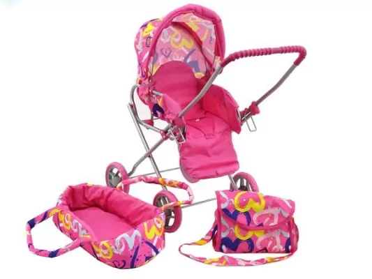 Wózek głęboki dla lalek z koszem i daszkiem 2w1