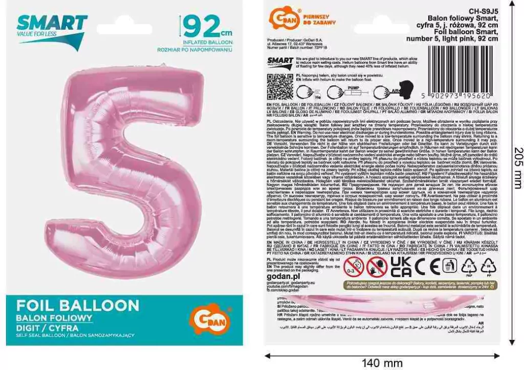 Balon foliowy cyfra 5 jasnoróżowa Smart 92cm - tantis.pl