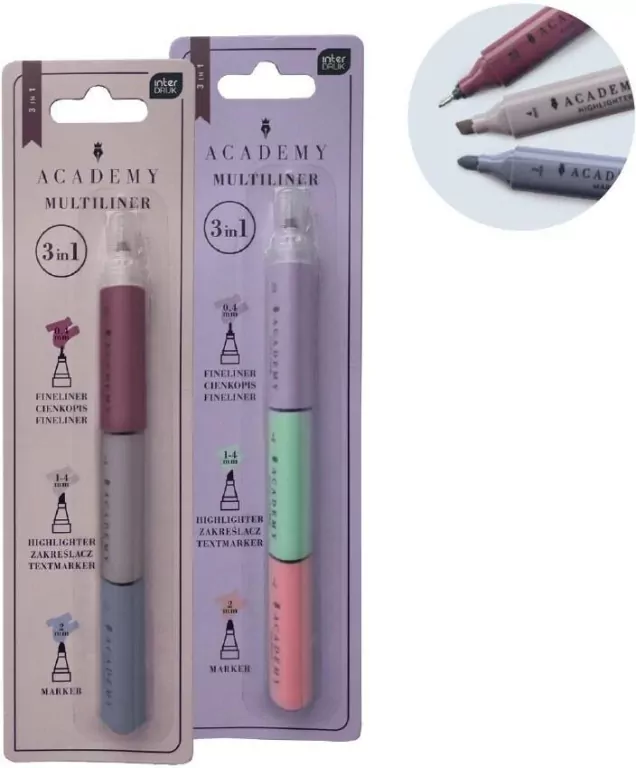 Marker + zakreślacze + cienkopis 3w1 Academy mix - tantis.pl