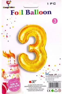 Balon foliowy złoty cyfra 3, wys. 81 cm   BCF-955-3
