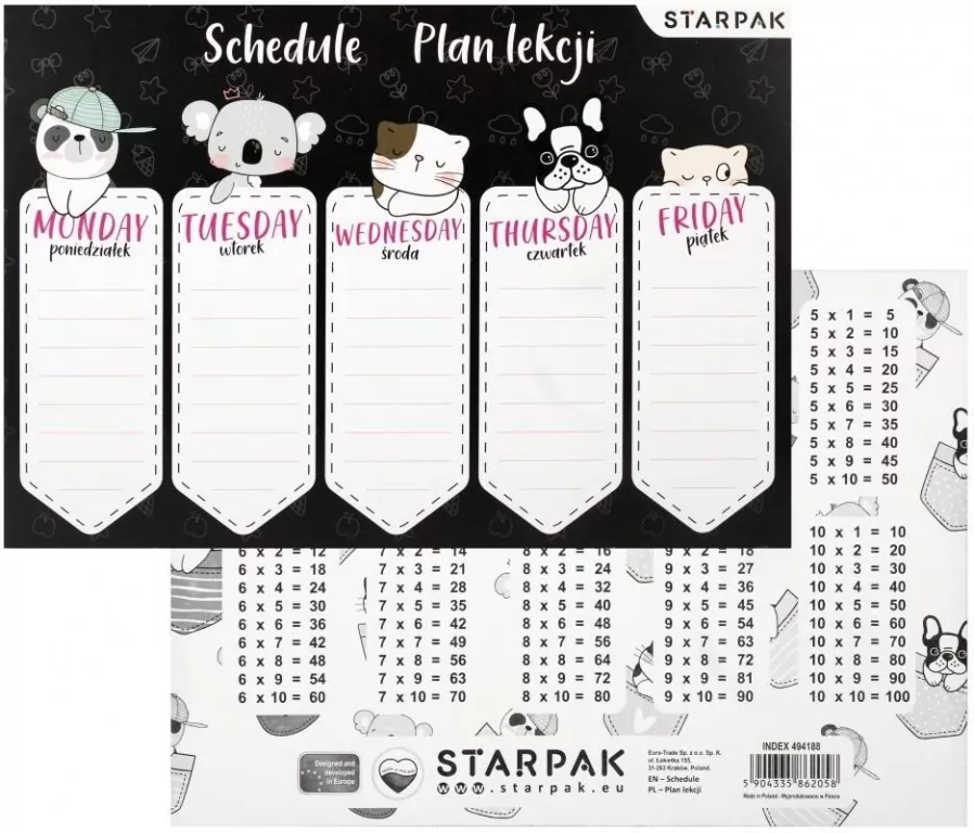 Plan lekcji z tabliczką mnożenia Minisy (25szt) - tantis.pl
