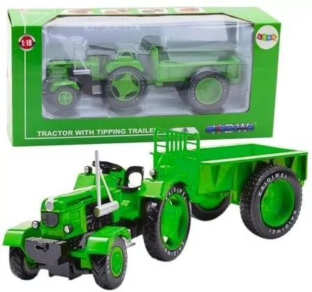 Traktor rolniczy z przyczepą metalowy zielony 1:18 - tantis.pl
