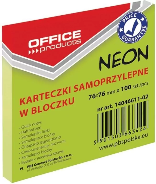 Karteczki samoprzylepne 76x76mm 100K neon, żółte - tantis.pl