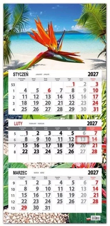 Kalendarz 2027 trójdzielny płaska główka Tropiki - tantis.pl