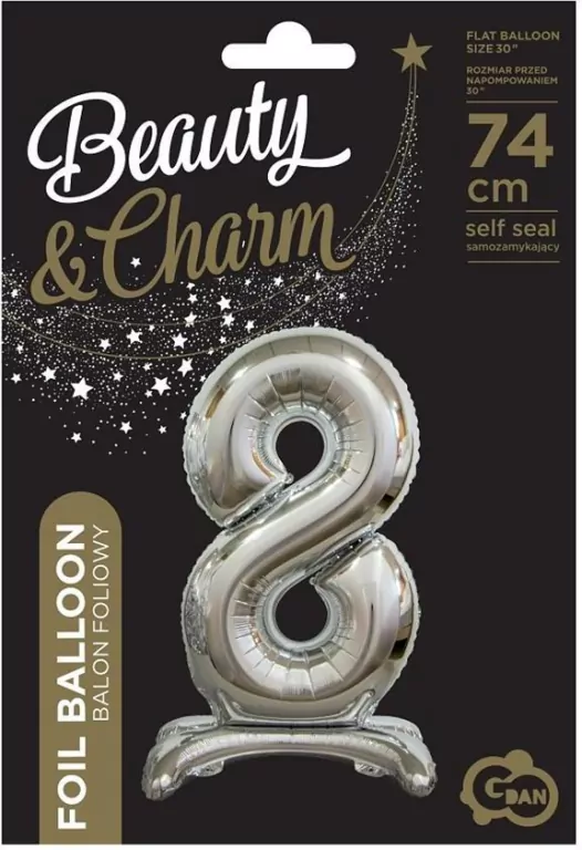 Balon foliowy 8, stojący, srebrny, 74 cm - tantis.pl