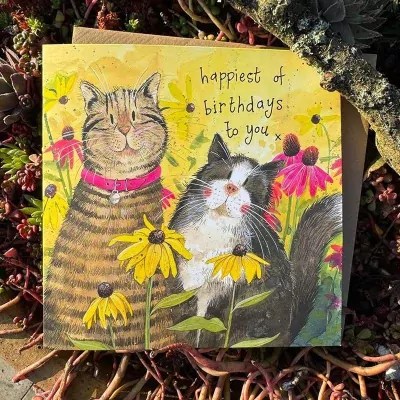 Karnet Urodziny 2 koty w kwiatach