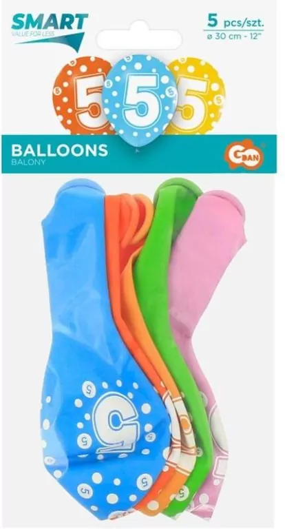 Balony cyfra 5, mix, 30cm - tantis.pl