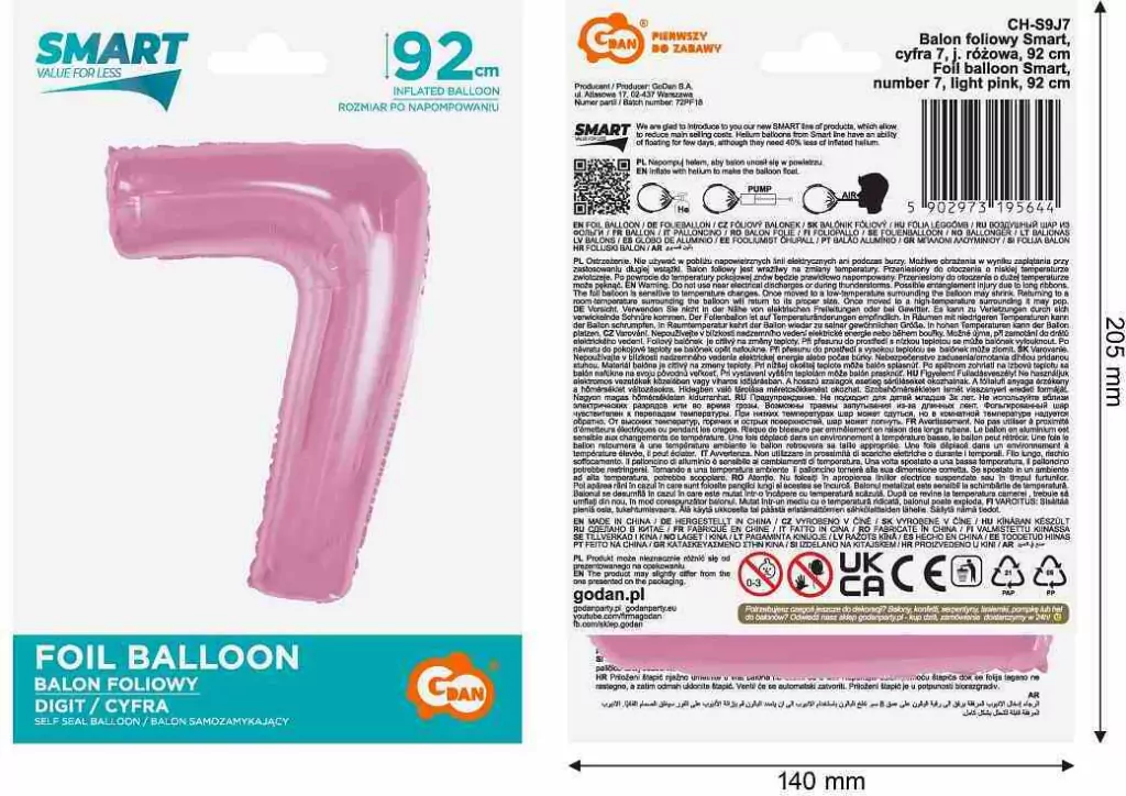 Balon foliowy cyfra 7 jasnoróżowa Smart 92cm - tantis.pl