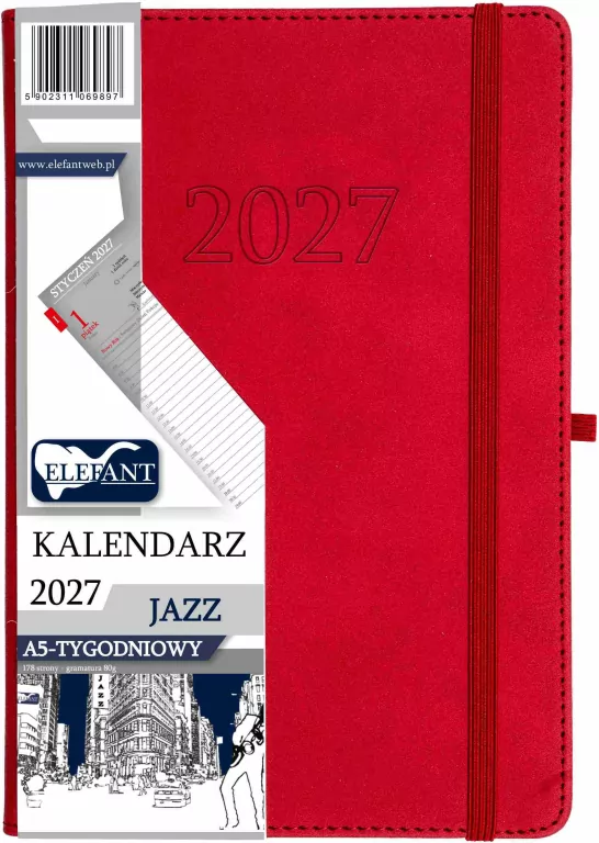 Kalendarz Jazz 2027 A5 tygodniowy czerwony - tantis.pl