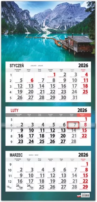 Kalendarz 2026 trójdzielny płaska główka Lazur - tantis.pl