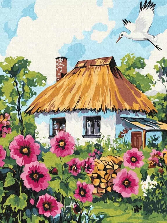 Malowanie po numerach - Malwy przy chacie 30x40cm - tantis.pl