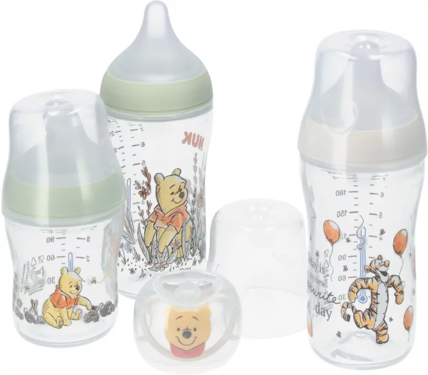 NUK. Perfect Match. Zestaw: smoczek/ 3 butelki. 0-6 miesięcy. Kubuś Puchatek - tantis.pl