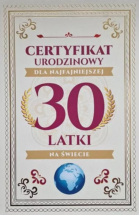 Karnet Certyfikat Urodzinowy 30 urodziny damskie - tantis.pl