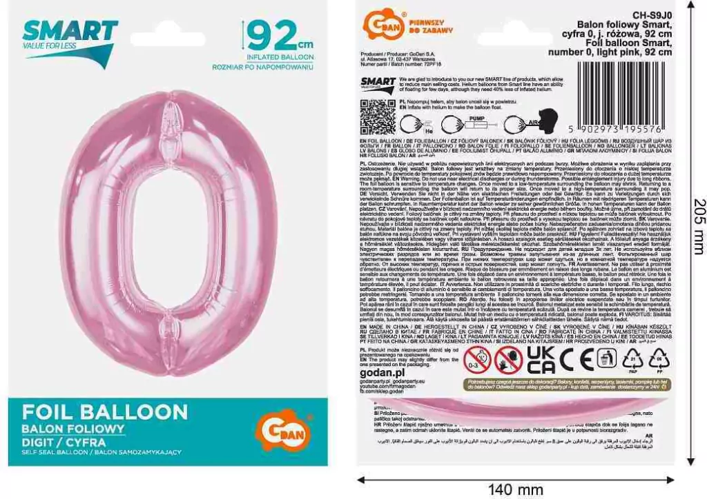 Balon foliowy cyfra 0 jasnoróżowa Smart 92cm - tantis.pl