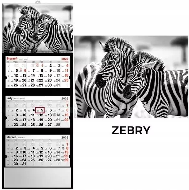 Kalendarz 2026 trójdzielny zebry - tantis.pl