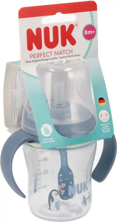 NUK. Butelka do nauki picia ze słomką. 150 ml. Pingwin - tantis.pl