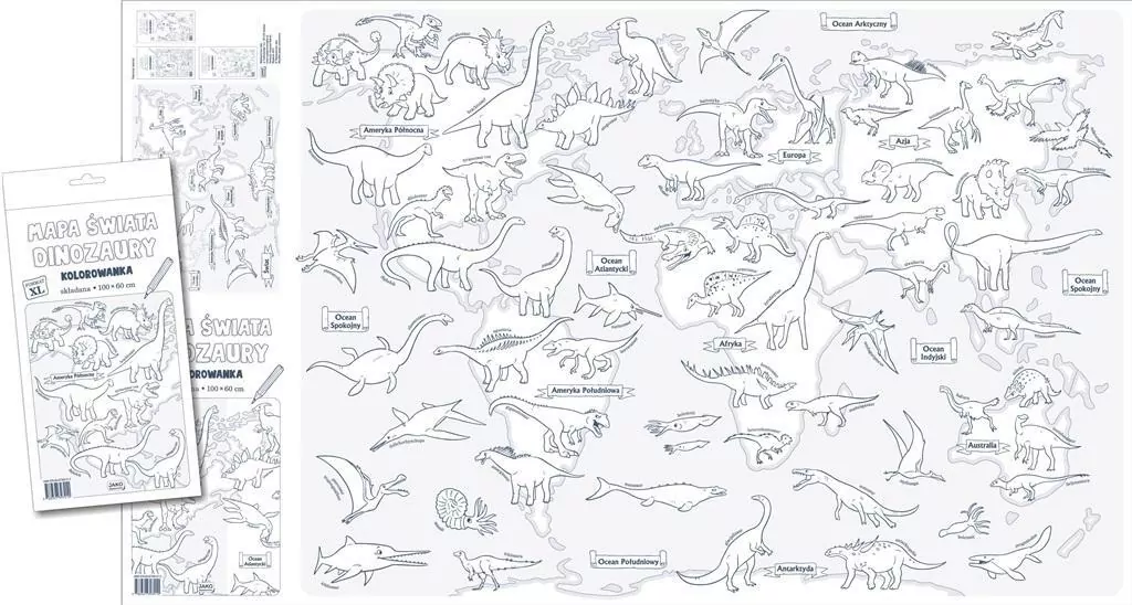 Mapa świata. Dinozaury. Kolorowanka XL - tantis.pl