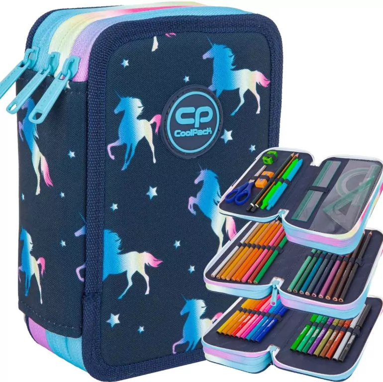 Piórnik 3-komorowy z wyposażeniem Coolpack. Blue unicorn - tantis.pl