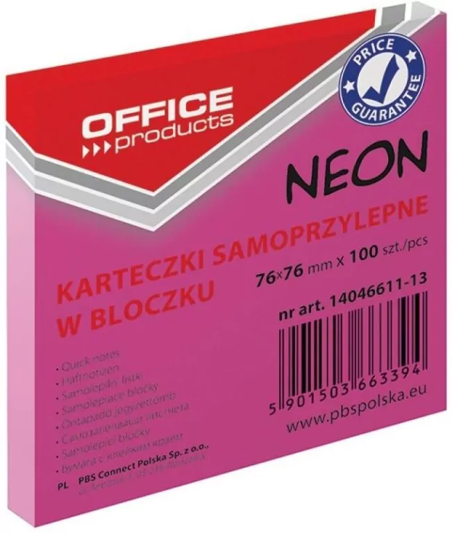 Karteczki samoprzylepne 76x76mm 100K neon, różowe - tantis.pl