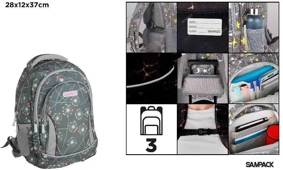 Plecak trzykomorowy Dmuchawce grafitowy 28x12x37cm - tantis.pl