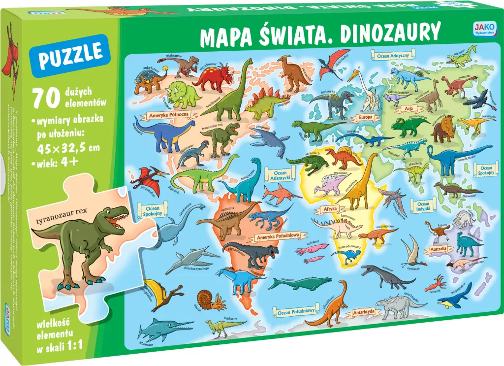 Puzzle 70 Mapa świata. Dinozaury - tantis.pl
