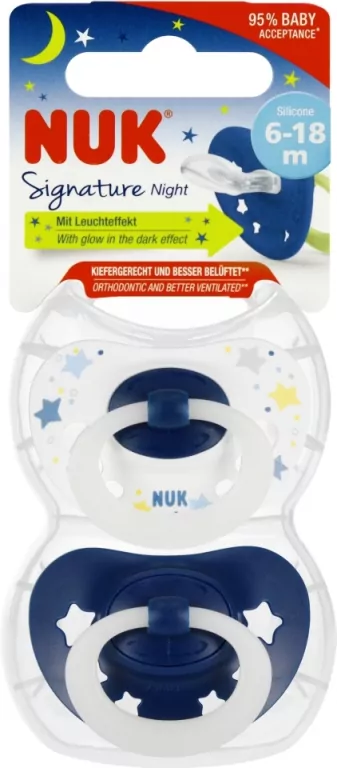 NUK. Signature Night. Smoczki. 6-18 miesięcy. Biały i granatowy - tantis.pl