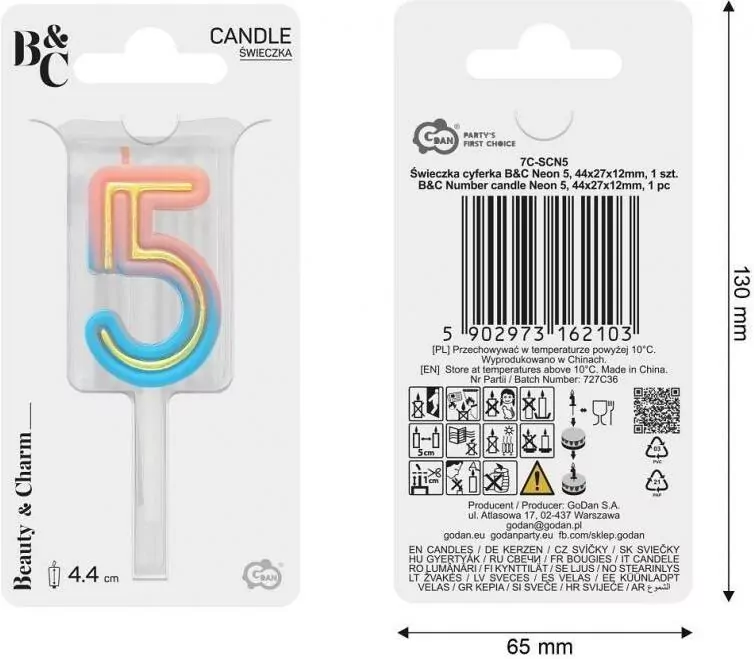 Świeczka B&C cyferka 5 neon - tantis.pl