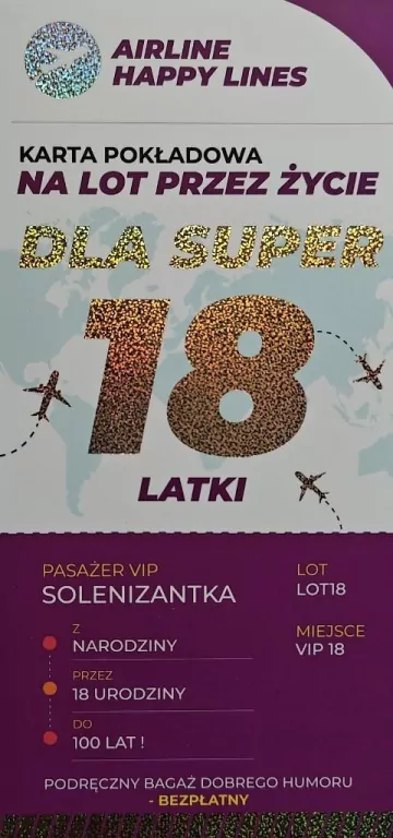 Karnet karta pokładowa 18 urodziny damskie - tantis.pl