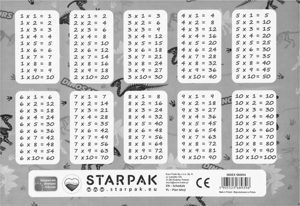 Plan lekcji z tabliczką mnożenia - tantis.pl