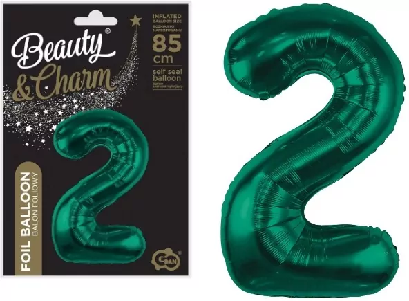 Balon foliowy cyfra 2. Zieleń butelkowa 85cm - tantis.pl