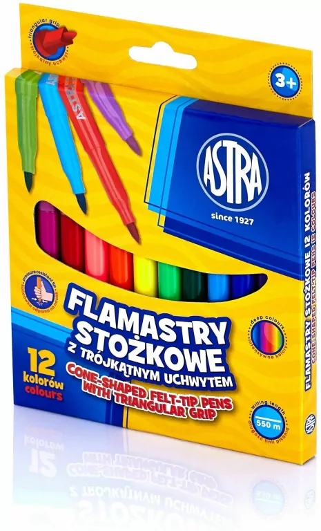 Flamastry stożkowe z trójkątnym uchwytem. 12 kolorów - tantis.pl