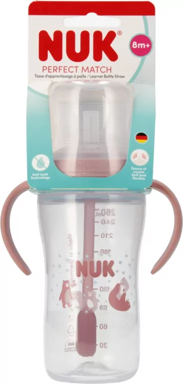 NUK. Butelka do nauki picia ze słomką. 260 ml. Miś - tantis.pl