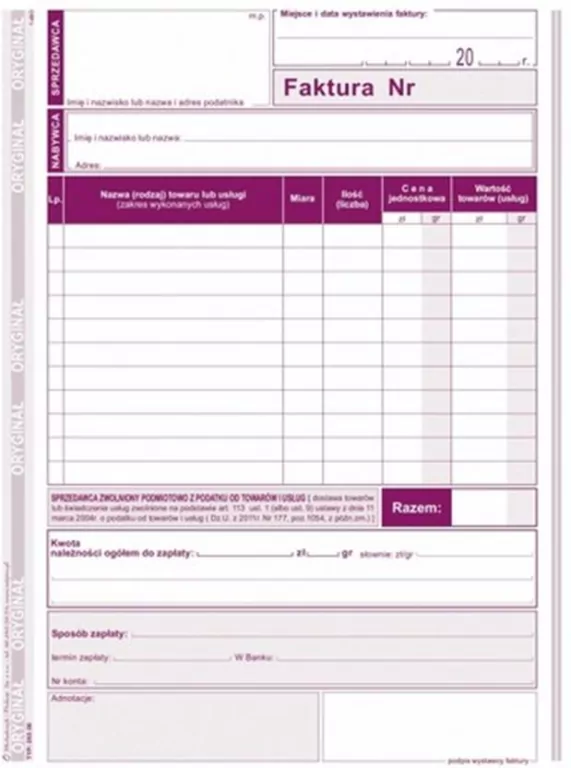 Faktura dla podatników zwolnionych podmiotowo z podatku od towarów i usług. 202-3E - tantis.pl