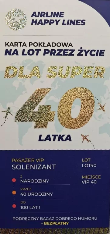 Karnet karta pokładowa 40 urodziny męskie - tantis.pl