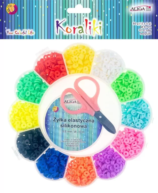 Koraliki gumowe 6mm, żyłka 10m, nożyczki MIX - tantis.pl