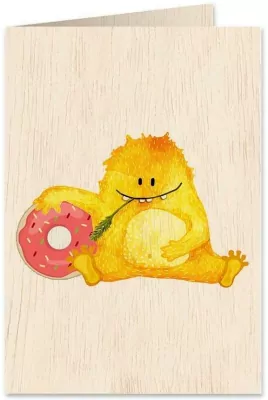 Karnet drewniany C6 + koperta. Misiek z pączkiem