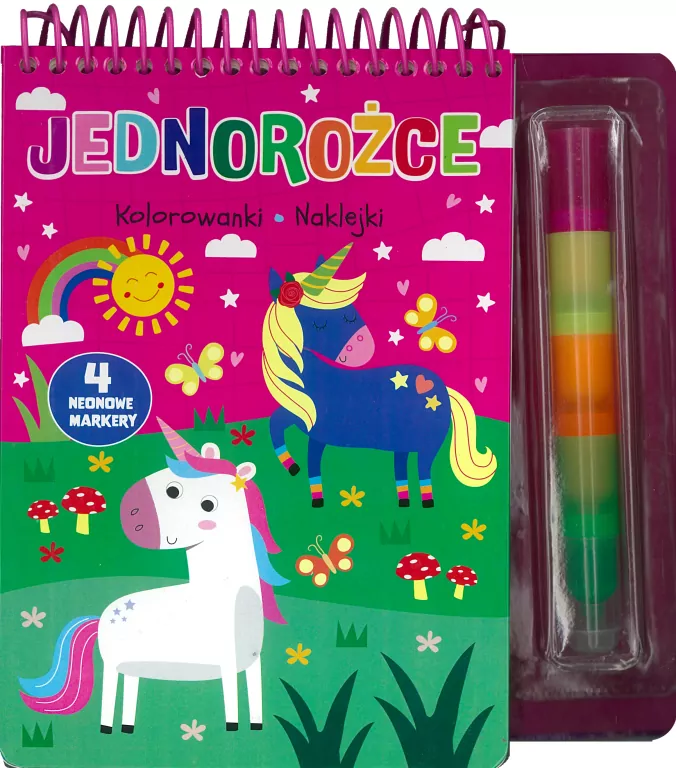 Jednorożce. Kolorowanki naklejki 4 neonowe markery - tantis.pl