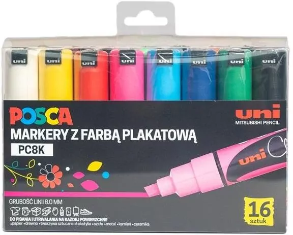 Markery plakatowe PC-8K 16 kolorów POSCA UNI - tantis.pl