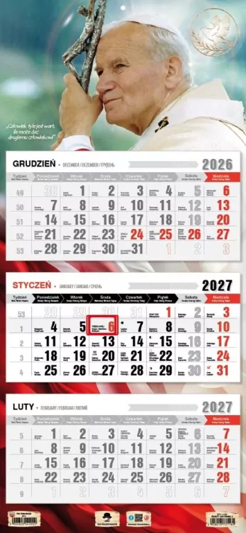 Kalendarz 2027 trójdzielny Święty Jan Paweł II - tantis.pl