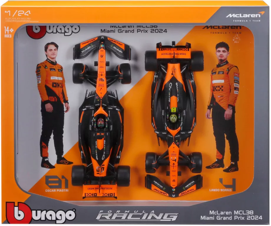 Bburago Model 1:24 McLaren MCL38 Norris Piastri zestaw bolidów F1 18-28051 - tantis.pl