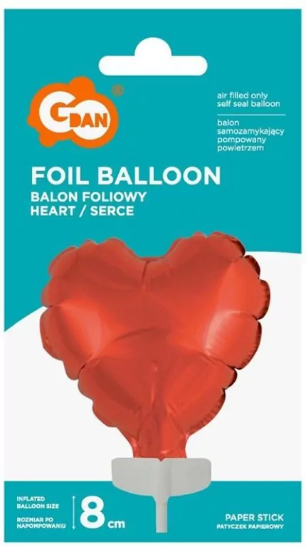GoDan. Balon foliowy. Serce na patyczku, czerwone 8cm - tantis.pl