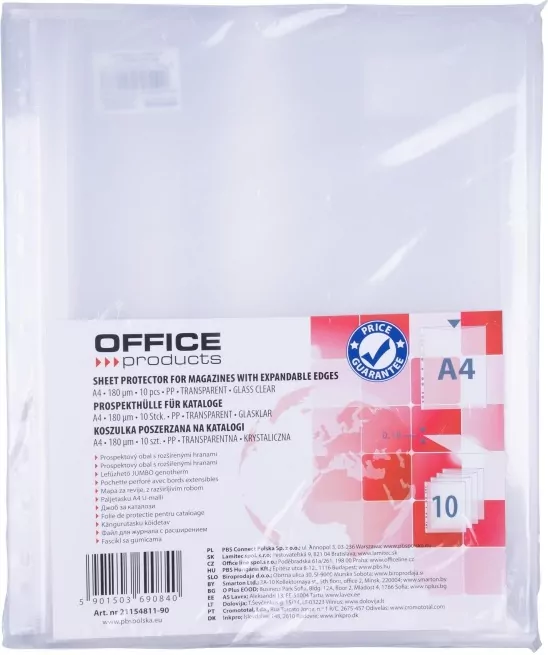 Koszulki na katalogi A4 OFFICE PRODUCTS poszerzane PP krystaliczne 180mikr. 10 sztuk - tantis.pl