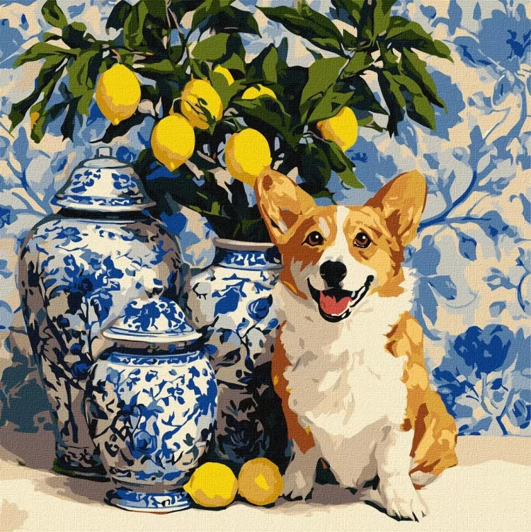 Malowanie po numerach - Corgi i cytryny 40x40cm - tantis.pl