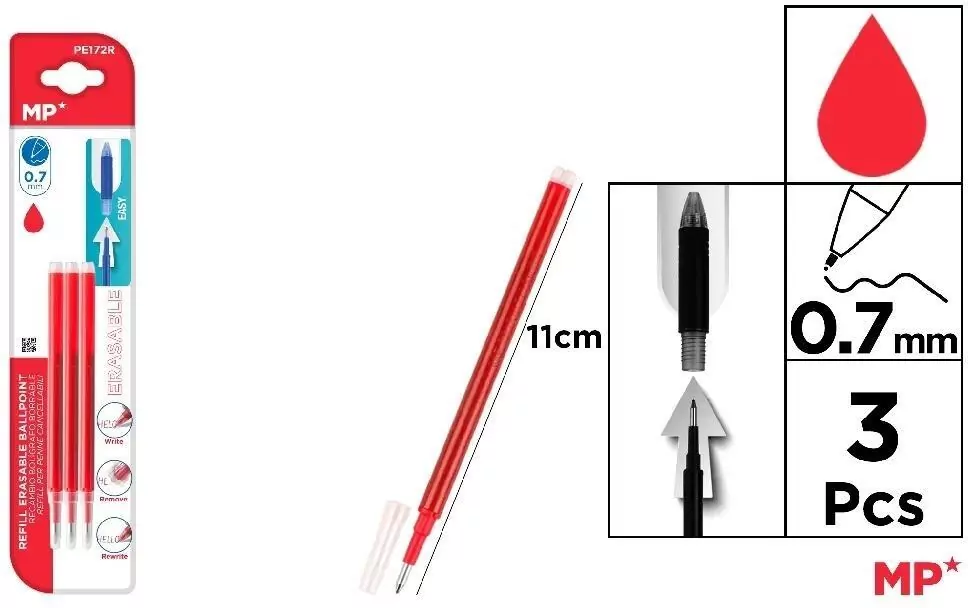 Wkłady do długopisów ścieralnych czerw. 0.7mm 3szt - tantis.pl