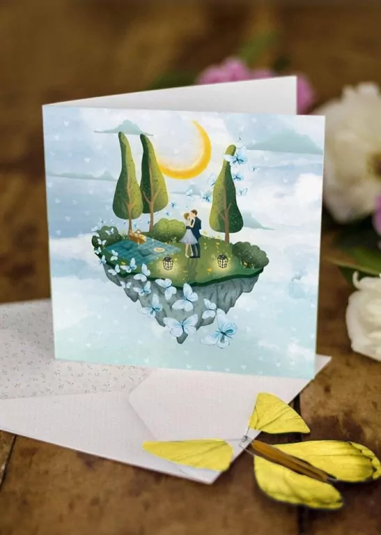 Karnet kwadrat z latającym motylkiem. Ślub Wyspa - tantis.pl