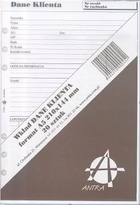 Wkład do organizera. Dane klienta. A5. Antra - tantis.pl