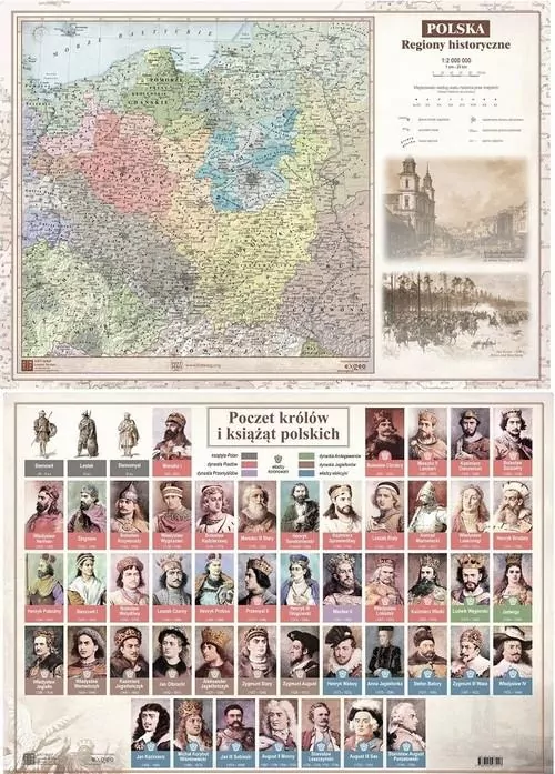 Mapa Polski A2 Regiony Historyczne, ścienna - tantis.pl