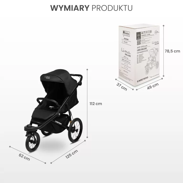 Caretero Lima Deluxe wózek spacerowy czarny - tantis.pl