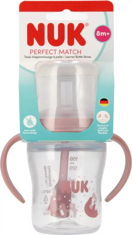 NUK. Butelka do nauki picia ze słomką. 150 ml. Miś - tantis.pl